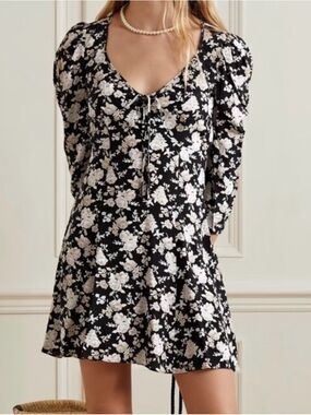 LoveShackFancy Juree Dress Black Floral Silk‎ Long Sleeve Mini Dress Roses 0